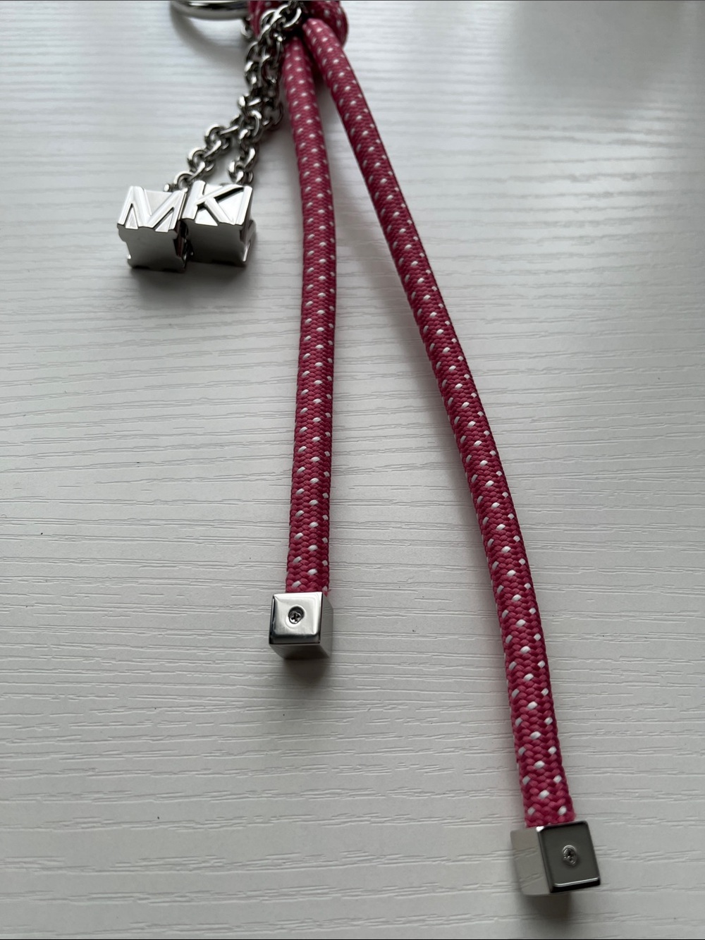 Michael Kors Pink Braided Rope Tassel Keyring, Bag Charm with Silver MK Charms - Picture 4 of 12